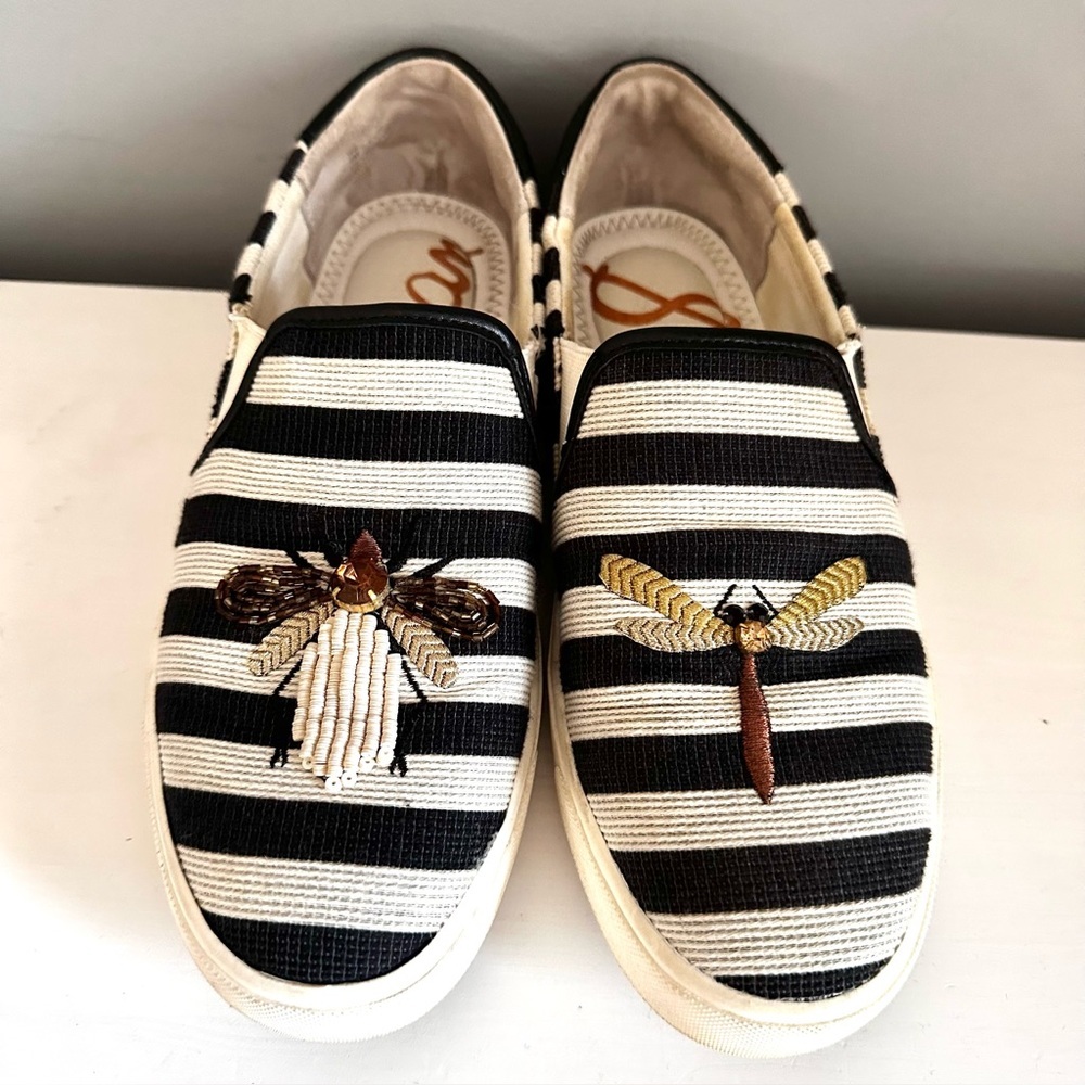 Sam Edelman Black & White Striped Embroidered Bee and Dragonfly Slip-On Sneakers